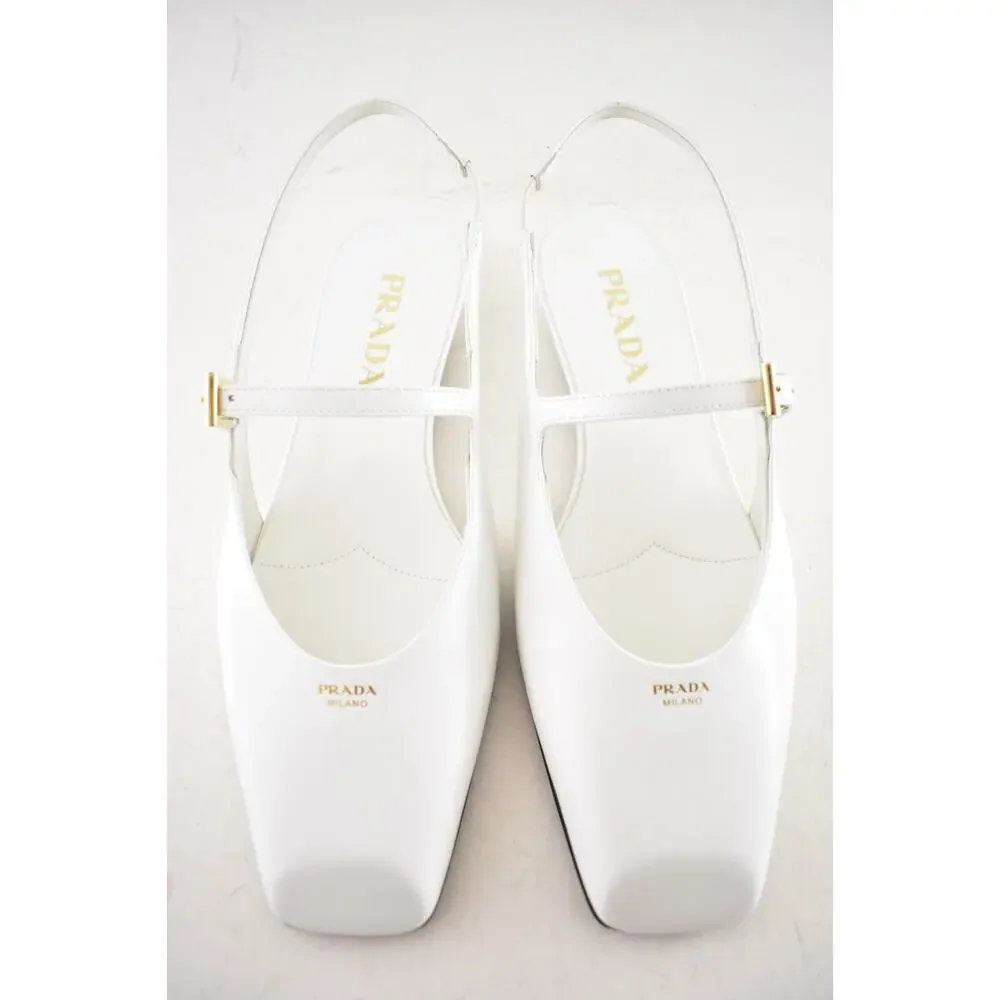 Prada White Leather Square Toe Mary Jane Slingback Ballerina Ballet Flat 37.5 - Picture 8 of 16